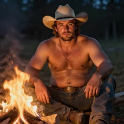 an ethereal painting of a rugged handsome shirtless man with a beer belly and cowboy hat sitting by a campfire.