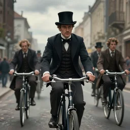 cinematic shot epic portrait an man in a fancy suit and a tophat riding an bicycle in the streets, atmospheric, cloudy, broad light, ambient occlusion, volumetric light effect, made by ivan aivazovsky, peter mohrbacher, greg rutkowski, ross tran, matte painting, trending on artstation, 4 k, perfectly defined features, digital painting, cinematic, epic, highly detailed,