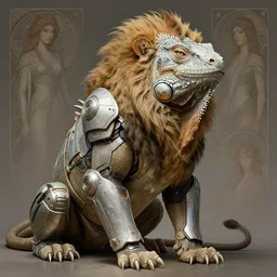 a anthropomorphic cyber iguana hybrid lion wearing scifi armor, diffuse lighting, fantasy, intricate, elegant, highly detailed, lifelike, photorealistic, digital painting, artstation, illustration, concept art, smooth, sharp focus, art by john collier and albert aublet and krenz cushart and artem demura and alphonse mucha