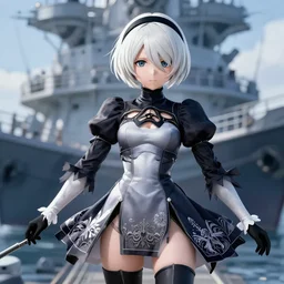 Battleship Haruna from Kantai Collection as 2B nier automata, cute, intricate, elegant, highly detailed, digital painting, 4k, HDR, concept art, smooth, sharp focus, illustration,Raytracing