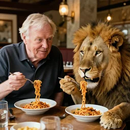 david attenborough sitting in a restaurant with a lion, both eating a bowl of spaghetti