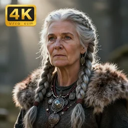 Old viking woman with braids in gray hair wearing fur and jewelry, Photorealistic. 4k. God rays. Highly detailed. VRay Rendering. Unreal Engine.