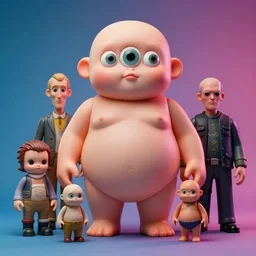 hyperrealistic rendering, fat, smooth, cronenberg flesh monster, cabbage patch kid, by donato giancola, greg rutkowski, wayne barlow, zdzisław beksinski, eyeballs, product photography, action figure, sofubi, studio lighting, colored gels, colored background