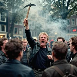 2 4 mm color photograph of geert wilders, shouting, crazy eyes, raising a morningstar weapon in the air and charging a group of unsuspecting bystanders in amsterdam, atmospheric lighting, by joel meyerowitz, by saul leiter