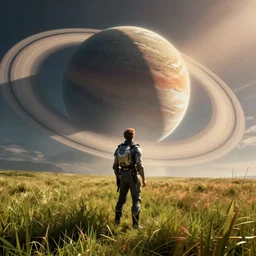 sci - fi scene showing futuristic man standing in a field looking at the planet with giant rings, cinematic view, epic sky, detailed, concept art, low angle, high detail, warm lighting, volumetric, godrays, vivid, beautiful, trending on artstation, by jordan grimmer, huge scene, grass, art greg rutkowski