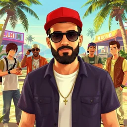 tropical party, young ducktail bearded middle eastern american man wearing wayfarer glasses and red cap beautiful picture and scenery, gta 5 comics, official fanart behance hd artstation by jesper ejsing, by rhads, makoto shinkai and lois van baarle, ilya kuvshinov, ossdraws, that looks like it is from borderlands and by feng zhu and