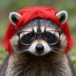 raccoon raccoon wearing red wig and tortoise shell glasses, photo, detailed, 4 k