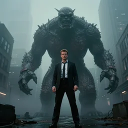 film footage of pierce brosnan as giant monster in a foggy city, eerie, 8 k, 8 5 mm f 1. 8, studio lighting
