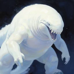 a large kaiju alien space creature, smooth white translucent skin, larg fangs, deep sea creature, space, by makoto shinkai and krenz cushar, brush strokes