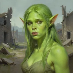 green orc female, light green tone beautiful face in a destroyed town, by jeremy mann, by greg rutkowski, by noah bradley, digital painting