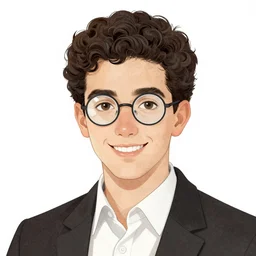 jewish young man with glasses, dark short curly hair smiling, illustration in the style of e. h. shephard