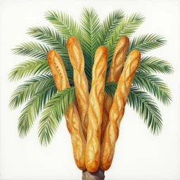 baguettes grow on a palm tree, intricately detailed acrylic painting