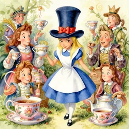 a hiper intricate watercolor of alice in wonderland tea with the mad hat, extremely detailed, sharp focus, wide view, smooth, digital illustration, colorfull, by william turner art, by greg rutowski, by carl larson, by edmund dulac