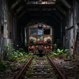 an abandoned rusted!!!!!!!!!! train, alone, in an empty dark flooded train tunnel, overgrown with aquatic plants
