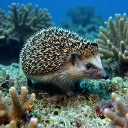 a hedgehog swimming in a coral reef