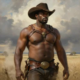 a beautiful dramatic epic painting of a thicc shirtless handsome!! black man | he is wearing a leather harness and cowboy hat | prairie setting, dust clouds | homoerotic, highly detailed, dramatic lighting | by Mark Maggiori, by William Herbert Dunton, by Charles Marion Russell | trending on artstation