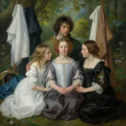 painting of a pre - raphaelite family surrounded by clothes, 5 0 mm lens, f 1. 4, sharp focus, ethereal, emotionally evoking, head in focus, volumetric lighting, blur dreamy outdoor,
