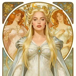 margot robbie as galadriel by leonardo divinci, greg rutkowski, alphonse mucha, mystical cosmic lighting, octane render, artstation, rey tracing, golden ratio, rule of thirds, perfect composition