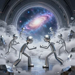 stickman figures, battle each other, metalic silver, stones, crystal, cloud, smoke, wide view, portal to a futuristic scifi cyberpunk galaxy, extremely detailed, sharp focus, full body shot, smooth, digital illustration, by, james jean, by rossdraws, frank franzzeta, sakimichan, mcbess, aphonse mucha
