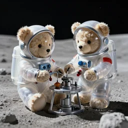 a high quality photograph of teddy bears wearing translucent space suits working on new ai research on the moon in the 1 9 8 0 s. detailed and clean