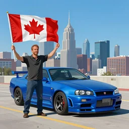 Paul Walker holding Canadian flag next a blue r34 skyline, painting