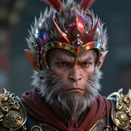 hyperrealistic highly detailed portrait of low brow sun wukong with red iridescent helmet sharp concept art wayne barlowe hannah yata cinematic lighting 8k low angle shallow depth of field