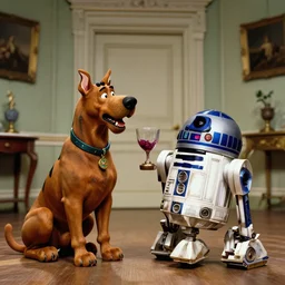 1 9 6 0 s movie still by tarkovsky of scooby doo and r 2 d 2 drinking hemlock in a tiny neoclassical room, cinestill 8 0 0 t 3 5 mm b & w, high quality, heavy grain, high detail, panoramic, ultra wide lens, cinematic composition, dramatic light, anamorphic, raphael style, piranesi style
