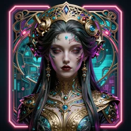an intricately detailed ultra - realistic unreal engine 5 rendering of a portrait of art nouveau cyberpunk neon - bordered battle goddess, concept art, intricate details, eerie, highly detailed, photorealistic, octane render, 8 k uhd art by kilian eng