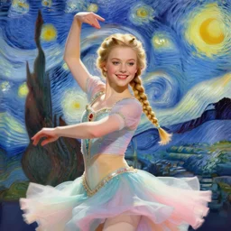 portrait of a beautiful girl, braided blonde hair, smiling, dancing, vibrant pastel colors, beautiful face, rule of thirds, intricate outfit, spotlight, by greg rutkowski, by jeremy mann, by francoise nielly, by van gogh, digital painting