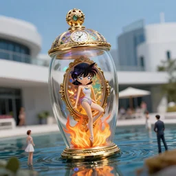cinestill 5 0 d, 8 k, j. j abrams flare ; esoteric faberge timepiece in ana meets ran ( 1 9 9 0 ) film still sunk scene in frontiers in iridescent miniatur photography fashion magazine june seinen manga sixth - scale edition, real - life seinen manga shaped occult figurine flare in victorian glass jar, pointe pose, perfect eyes, tilt shift wide shot zaha hadid background