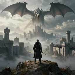 medieval soldier atop a ridge looking over a vast medieval kingdom rule by an evil king. the soldier is ready for battle. his trusted dragon circles overhead. it is a somber morning. death is close. prepare for battle. mist, epic, cinematic, volumetric lighting, symmetry, fantasy style, highly - detailed, unreal 5, realism,