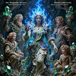 the forgotten misery by michael whelan and roger dean and brom and hubert robert and greg staples and donato giancola, beautiful, flowing magical flesh robe, highly detailed, hyperrealistic, intricate, energy, electric, blue flame, low light, green crystal, high contrast, old and young, lifelike