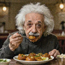 A photo of Albert Einstein eating Rajma Chawal, highly detailed, trending on artstation, bokeh, 90mm, f/1.4