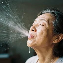 analog photographic portrait with 5 0 mm lens and f / 1 2. 0 of a 9 5. 1 years old woman woman with her eyes closed and spurting from her mouth a white viscous fluid floating in the air. with a slight variation of light in the liquid and gesture.