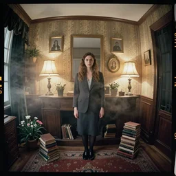 kodak portra 4 0 0, wetplate, fisheye, award - winning portrait by britt marling, 1 8 8 0 s room, ghost, picture frames, shining lamps, dust, smoke, 1 8 8 0 s furniture, wallpaper, carpet, books, muted colours, wood, fog, plants, flowers