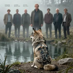 detailed ultra - realistic graphic novel illustration close up view from behind of a young wolf sitting on the shore of a pond by edward hopper and gregory crewdson, cinematic, cinematic fog, full shot, george adult, carel willink, ian miller, wayne barlowe, greg rutkowski, norman rockwell