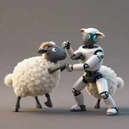 robot sheep fighting, realistic, 3 d