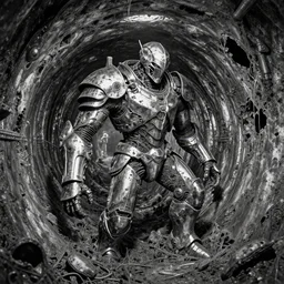 b & w inks 4 character, mainframe machine rotting | as god |, curved carapace, chrome - rust chaos dystopic armor, wedged in necrotic metal sewer tunnel, ruined metal slag melted yaw tunnel openings, chris foss, wayne d barlowe, enric torres, alberto bontempi, feng zu hyper realism, narrative light, muted colors, epic