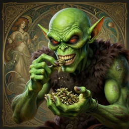 green goblin doing weed, intricate, highly detailed, digital painting, artstation, concept art, smooth, sharp focus, illustration, unreal engine 5, 8 k, art by artgerm and greg rutkowski and alphonse mucha