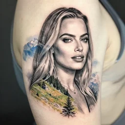 mash up tattoo sketch of margot robbie with beautiful mountain scenery, double exposure effect, in the style of arlo dicristina, hyper realism, amazing detail, sharp