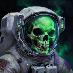 a close - up view portrait of a lone astronaut, brutalist dock halls with green alien fog, close - up view, detailed textures. glowing green purple fog, dark black background. murder poison skull face, highly detailed fantasy science fiction painting by moebius, norman rockwell, frank frazetta, and syd mead. rich colors, high contrast