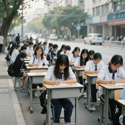 people sitting in rows of school desks in the middle of a city street, first person view from back row, dreamy atmosphere, high quality digital art