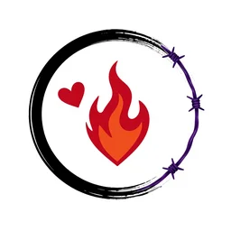 minimalist nonprofit logo. sensual, curving black, red, and purple brushstrokes on a circular white background. motifs such as heart, fire, barbed wire, leather straps, thorns.