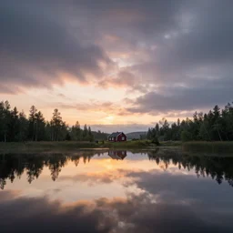 landscape photography by jimmy nelson, swedish lake, sunrise, dramatic lighting, small house by the lake, soft clouds, beautiful reflections, unreal engine 8 k