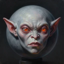 beautiful realistic fantasy painting of a grey orb with a goblin face, by pascal blanche and Frazetta and Beksinski, volumetric lighting, trending on art station, polarizer filter