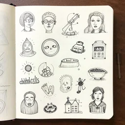 a sketchbook page filled with doodles by gill kean