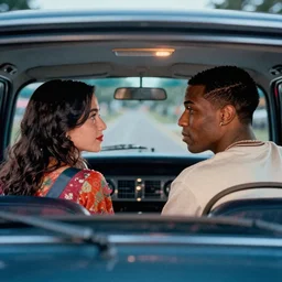 first official image from new romance film starring a $ ap rocky, inside a car looking at each other, lush colors, kodak vision 2 0 0 t, anamorphic lens, halation, diffusion, framing, symmetrical, film grain, high contrast, midnight