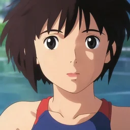 close - up, accurately shaped face, volumetric light, posing in sport swimsuit. by takashi takeuchi, yoshiyuki sadamoto, amagaitaro, makoto shinkai, krenz cushart, asao urata, pixiv. 9 0 s