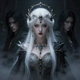 a beautiful white haired princess, adorned with precious stone jewelry, intricate concept art, ethereal, ominous, sinister dark fantasy, misty, dramatic lighting, dark background, octane render, 8 k, ruan jia and tom bagshaw and alphonse mucha and marc simonetti
