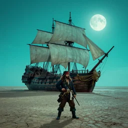 turquoise moonlight, a pirate stands beside his wrecked full sail fifteenth century carrack at the bottom of a dried - up lake in an ivory desert beneath a starless night sky, evangelion, kyoto animation still, intricately detailed features, digital painting, yoshiyuki sadamoto